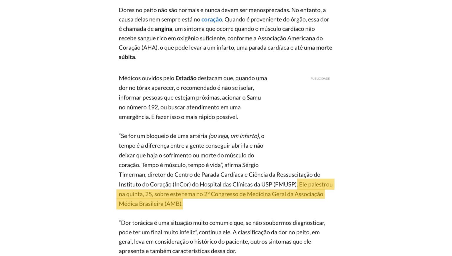 Estadão publica matéria sobre dor torácica, um dos temas apresentados no 2º Congresso de Medicina Geral da AMB